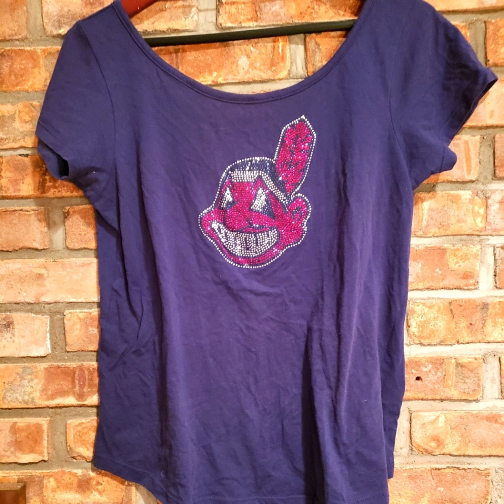 Cleveland Indians "Bedazzled" Chief Wahoo Head on Women's Navy Cotton Blouse, Lg